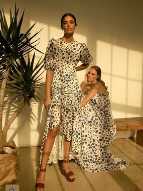 AMUR Cream Floral High-Low Midi Dress with Blue Print